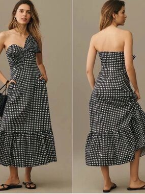Anthropologie Hutch Strapless Gingham Midi Dress with Front Bow - Black White 6